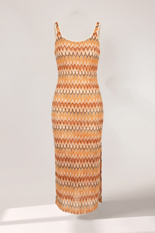 Cleo Sleeveless Scoop Neck Bodycon Midi Dress With Zig-zag Knit Detail - Orange