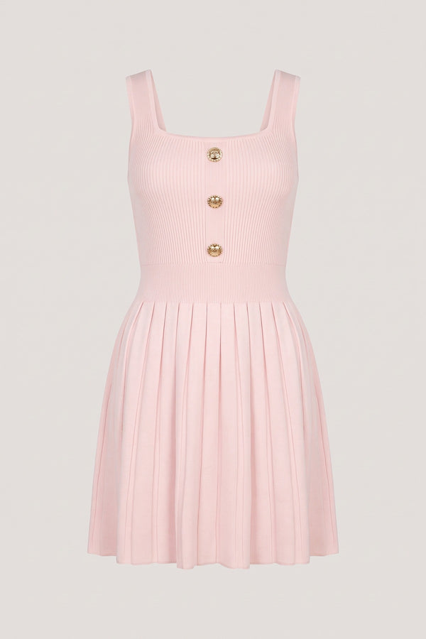 Tahlia Sleeveless Square Neck Pleated Mini Dress With Gold Button Detail - Pink
