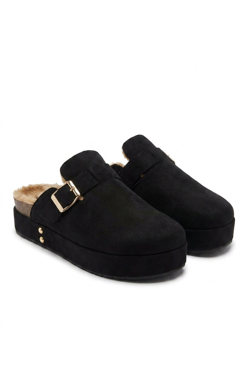 Sylvie Slip On Faux Fur Platform Clogs - Black_wb