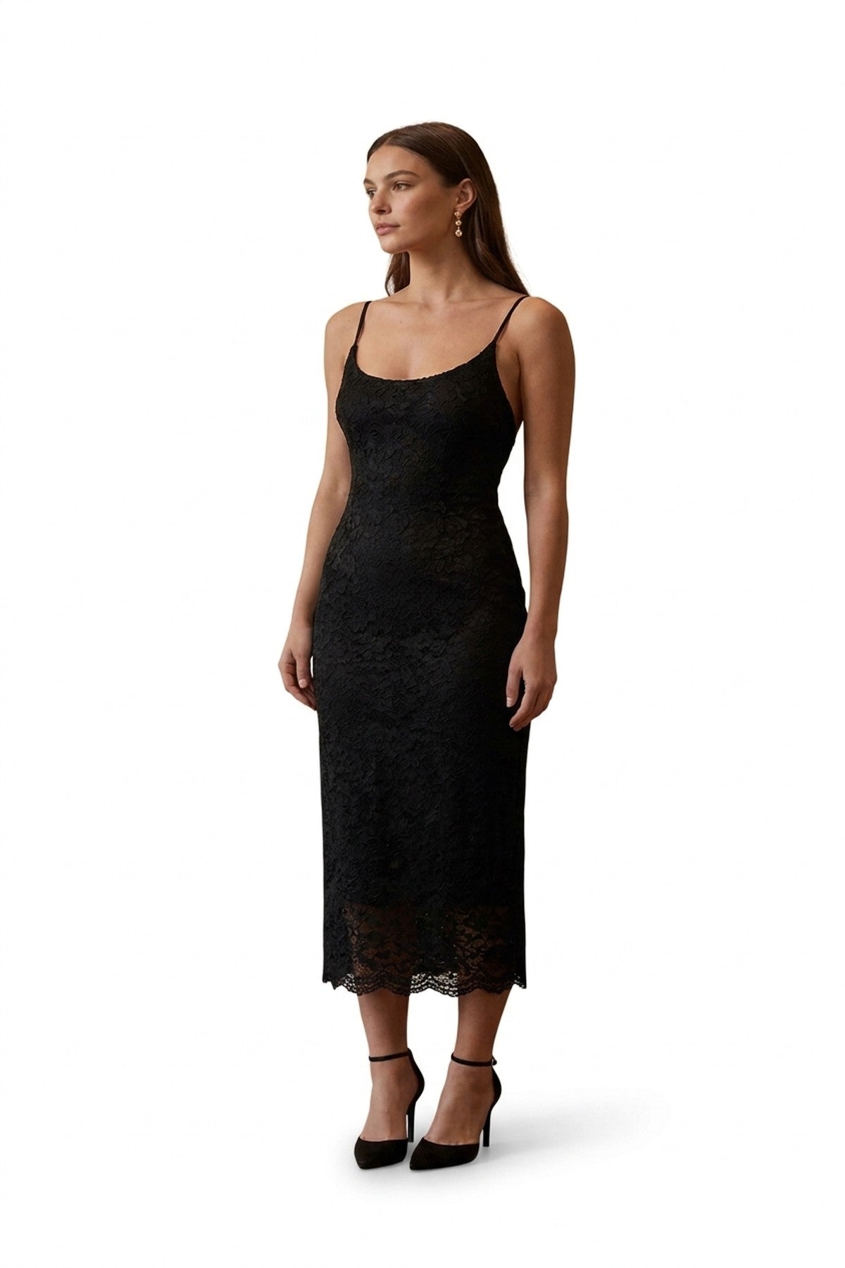 Viviana Strappy Floral Lace Midi Dress - Black_wb