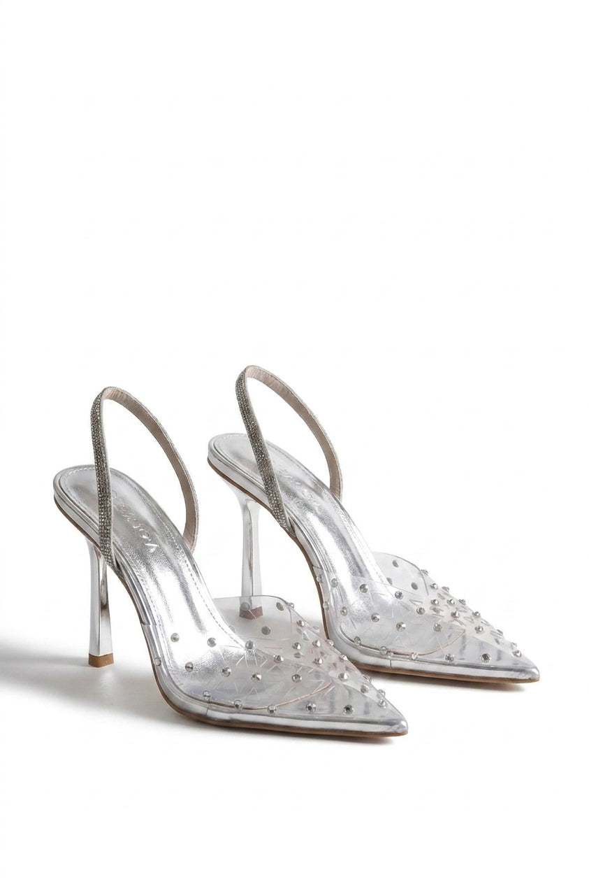 Soraya Studded Pointed Slingback Heels - Silver