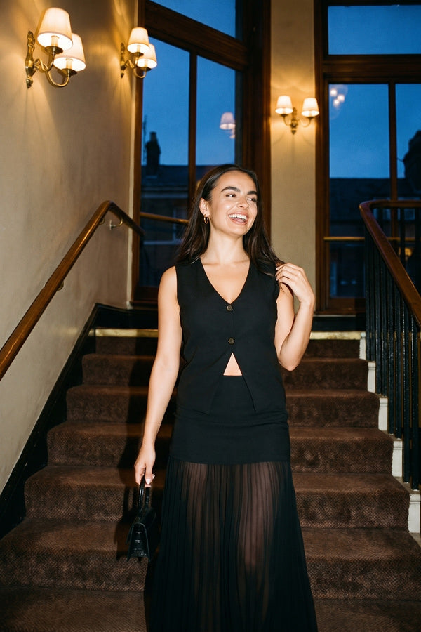 Elena Tailored Vest & Layered Maxi Skirt Co-ord Set - Black