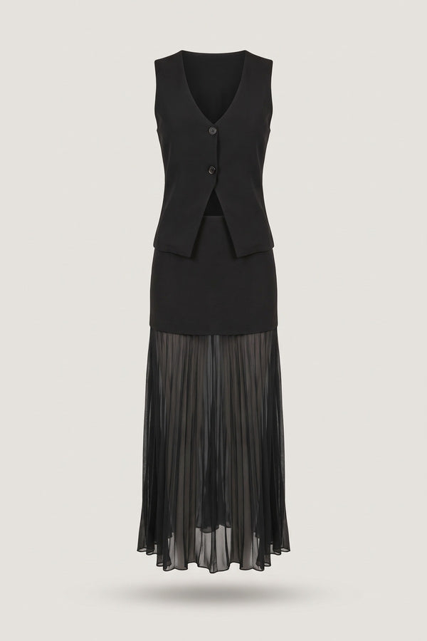Elena Tailored Vest & Layered Maxi Skirt Co-ord Set - Black
