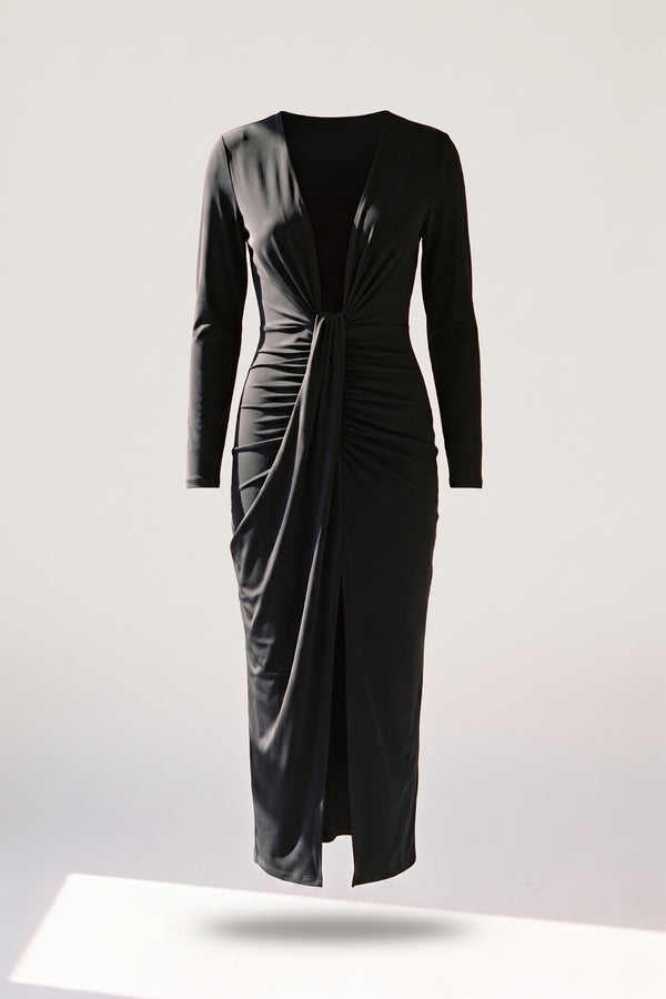 Julia V Neck Ruched Front Slit Midi Dress - Black
