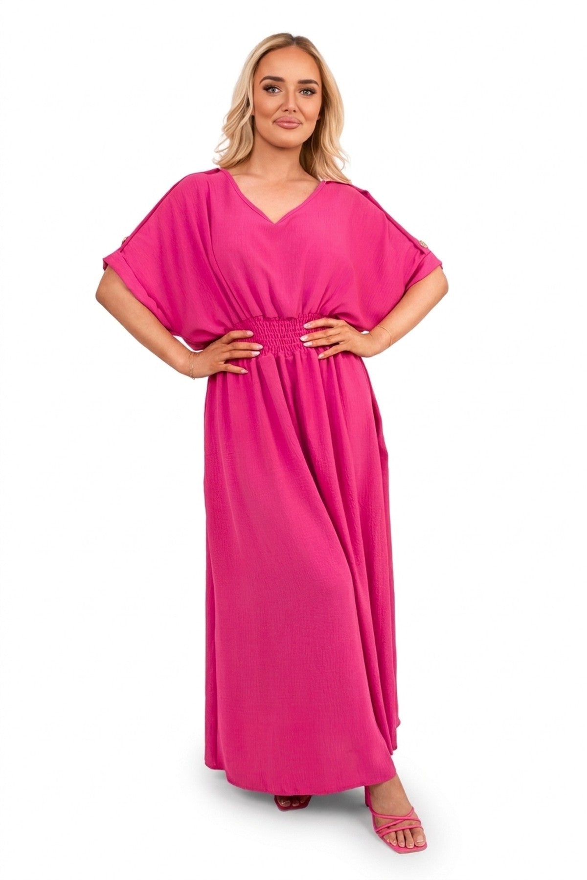 Zamara V Neck Short Sleeve Maxi Dress With Button Detail - Fuschia
