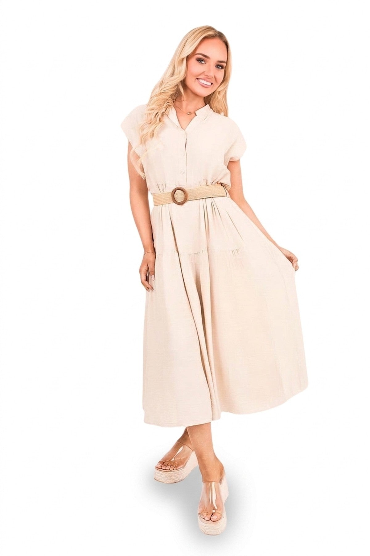 Kareen V Neck Short Sleeve Tiered Midi Dress With Belt - Beige