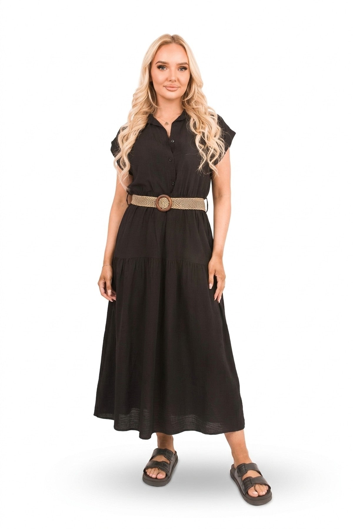 Kareen V Neck Short Sleeve Tiered Midi Dress With Belt - Black