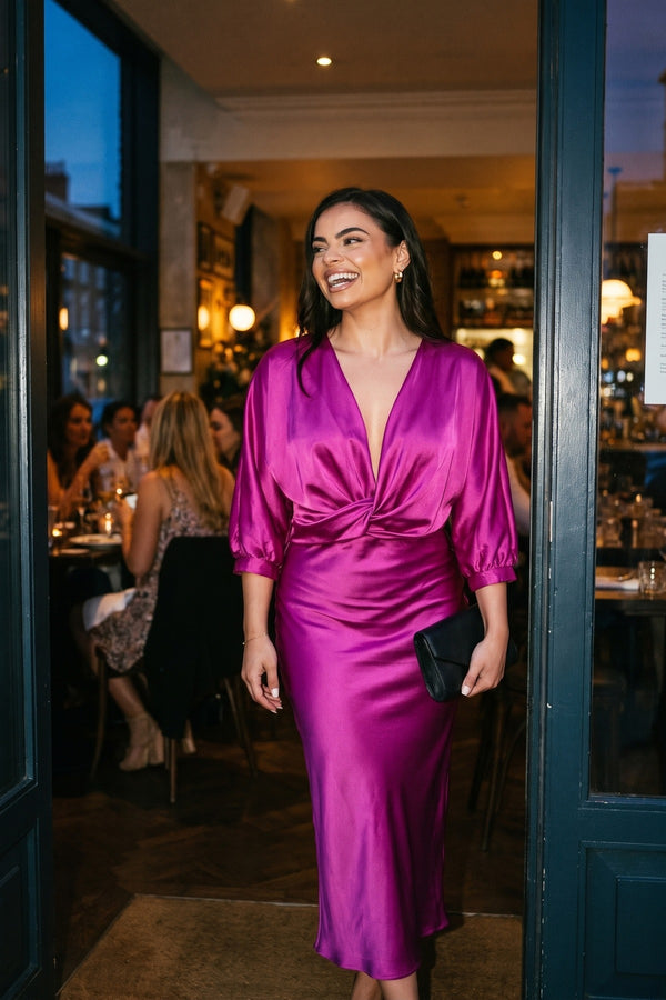 Kylie V-neck Twist Front Midi Dress - Magenta
