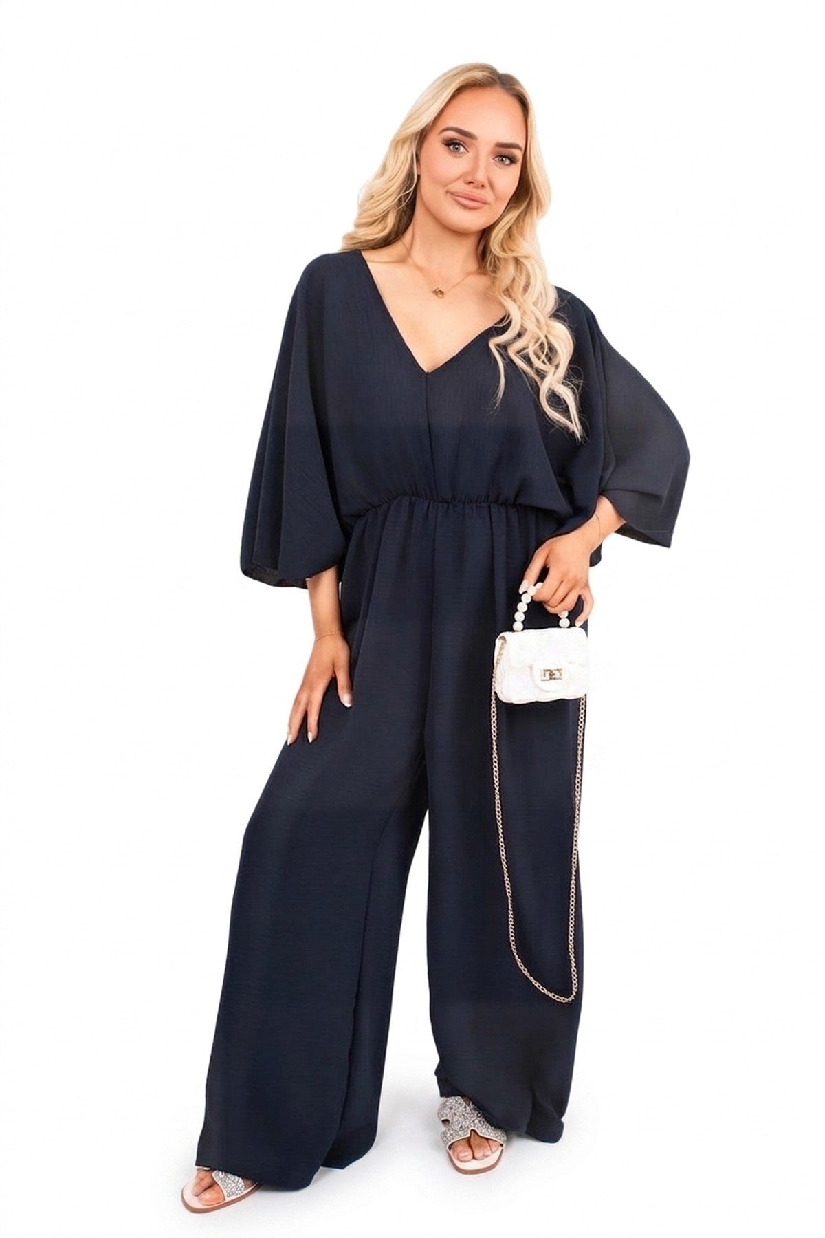 Maysa Wide Leg V Neck Jumpsuit With Back Tie Detail - Navy_wb
