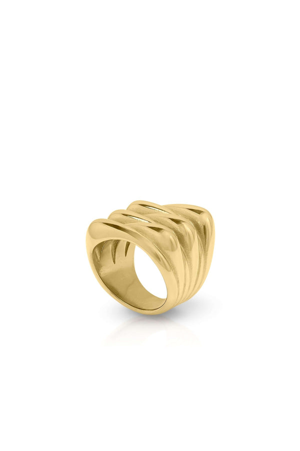 Alina Gold Sculpted Statement Ring by ARIIRA, featuring smooth wave-like ridges in gold-plated stainless steel.