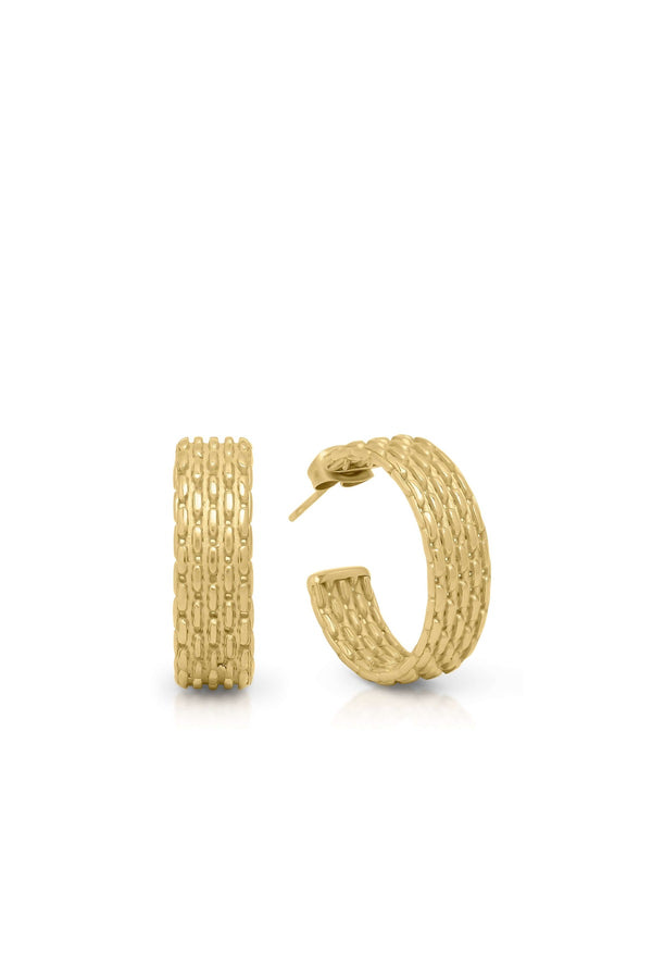 Bold Lyra Gold Textured Hoop Earrings by ARIIRA, featuring intricate woven texture and a modern silhouette.