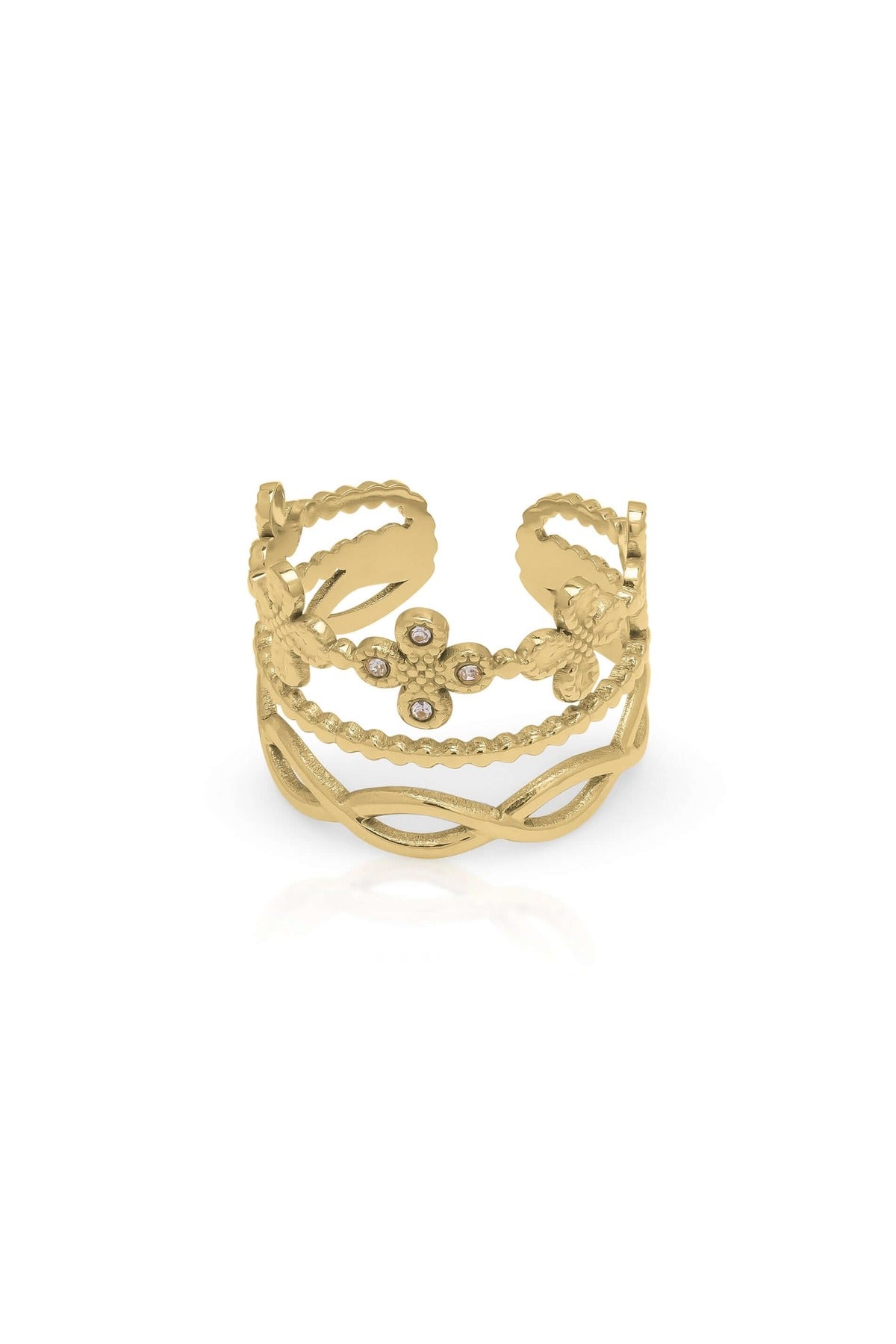 Noor Floral Crown Ring by ARIIRA featuring delicate floral details and sparkling accents in a golden finish.