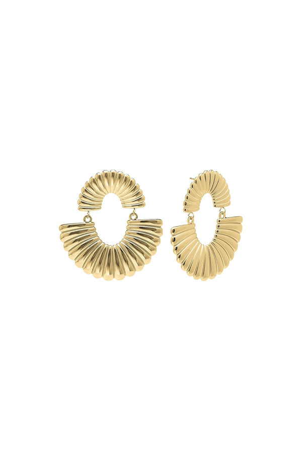 Layali Sculpted Fan Drop Earrings by ARIIRA, featuring a bold double-tiered design with sculpted fan curves.