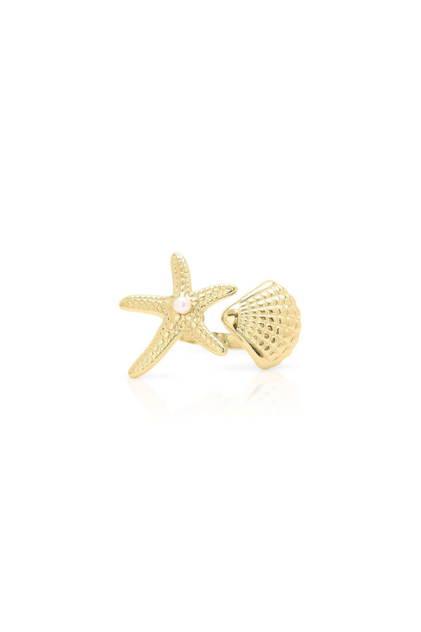 Mira Starfish and Shell Pearl Ring by ARIIRA, featuring a textured starfish and pearl accent in tarnish-free gold.
