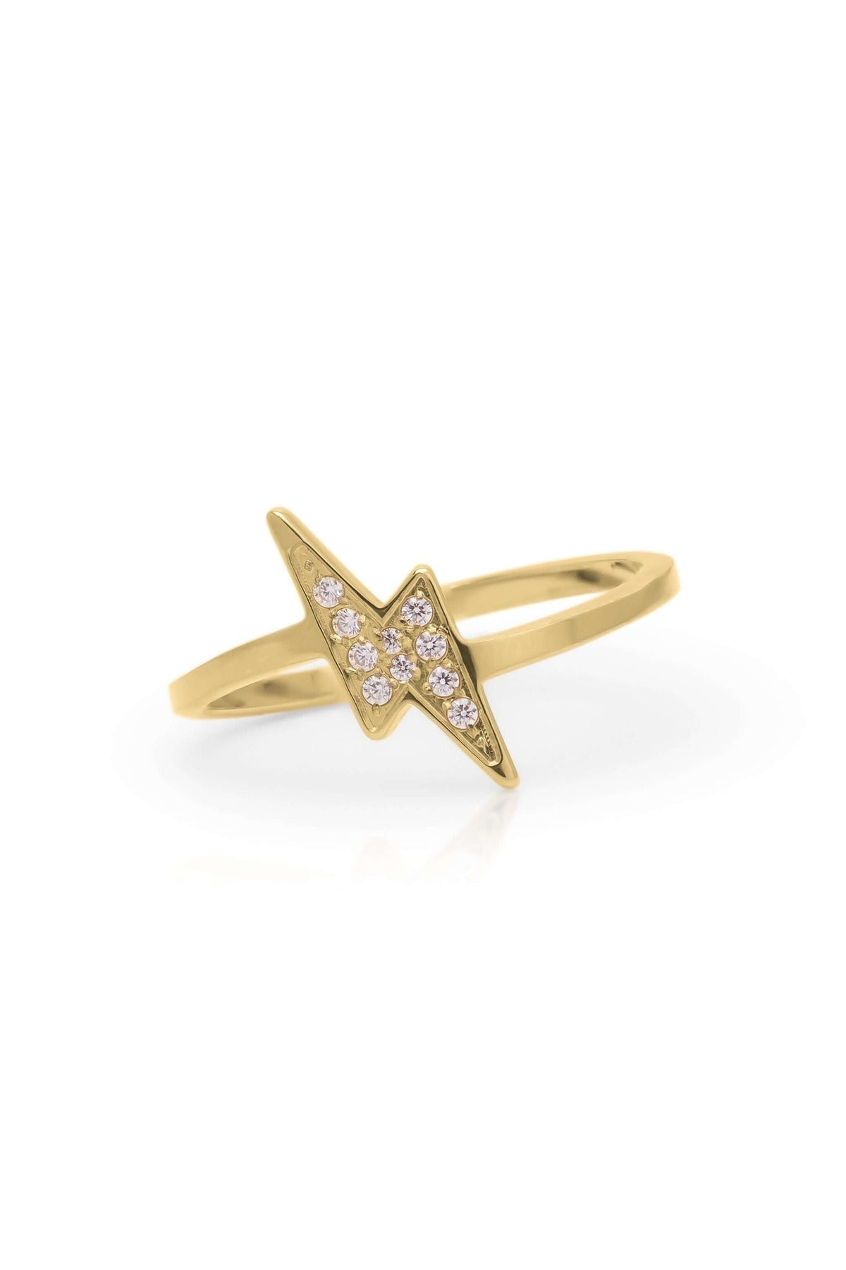 Azra Lightning Bolt Adjustable Gold Ring by ARIIRA, featuring a stone-paved lightning bolt motif for a chic look.