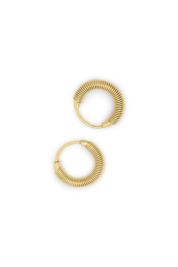 Sia Gold Coil Hoop Earrings by ARIIRA, showcasing a modern wrapped coil design in gold-plated stainless steel.