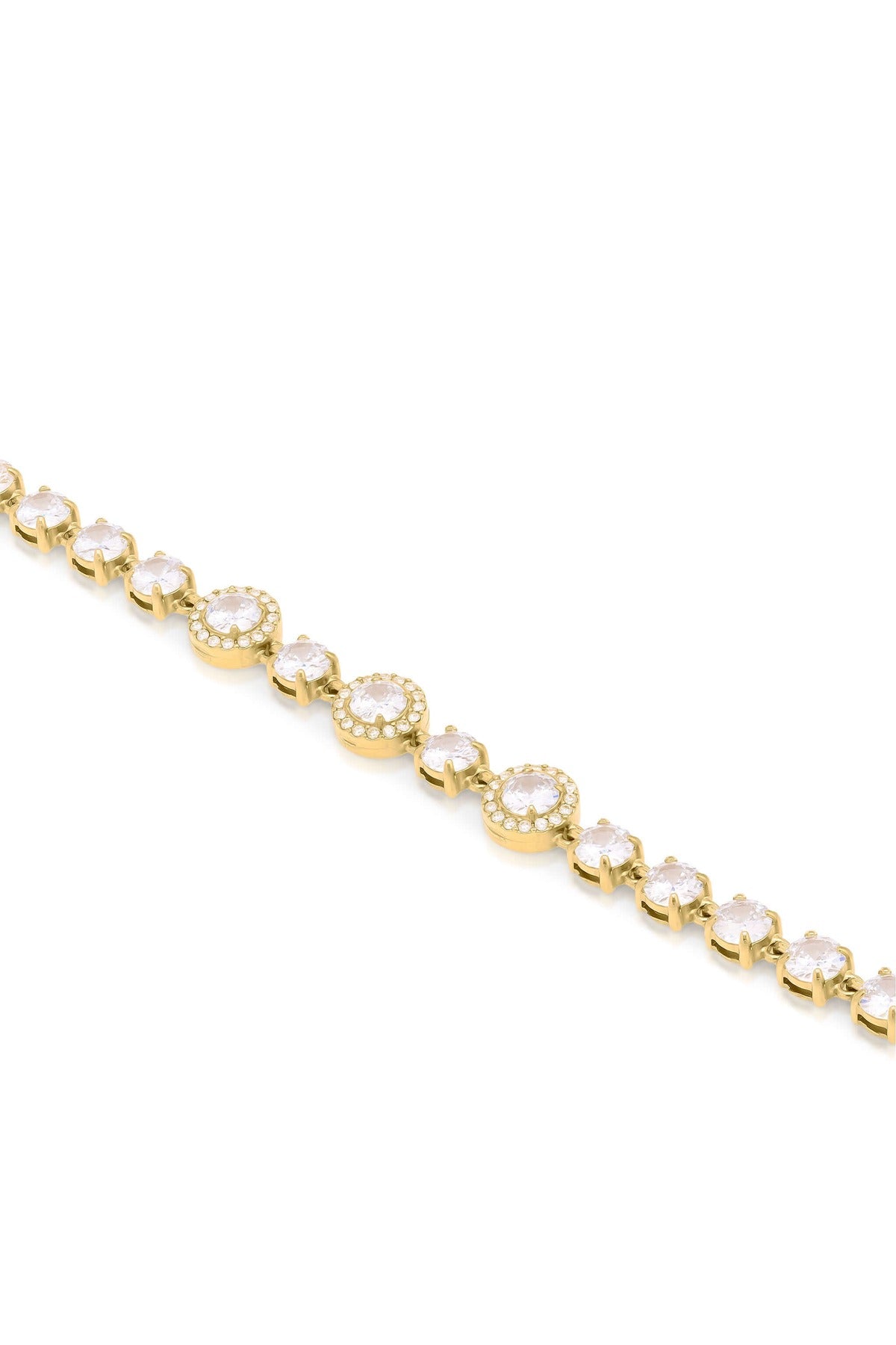Amira Gold Diamante Tennis Bracelet featuring shimmering stones in gold-plated stainless steel for a sparkling finish.