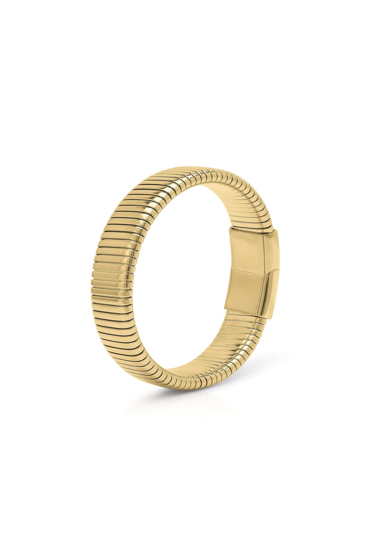 Yasira Ribbed Wide Gold Bangle Bracelet by ARIIRA, featuring a bold ribbed surface and smooth clasp closure.