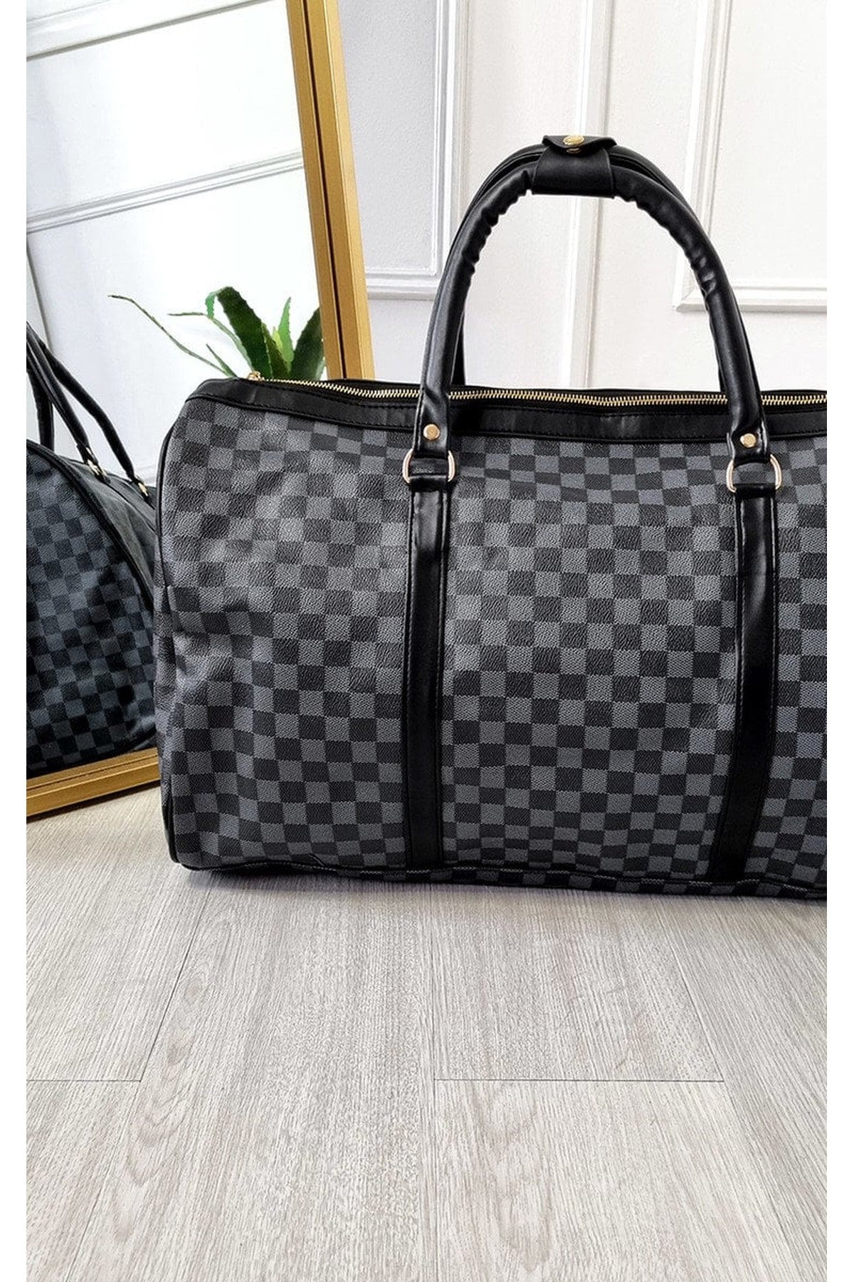 Indigo Checked Print Overnight Bag - Black