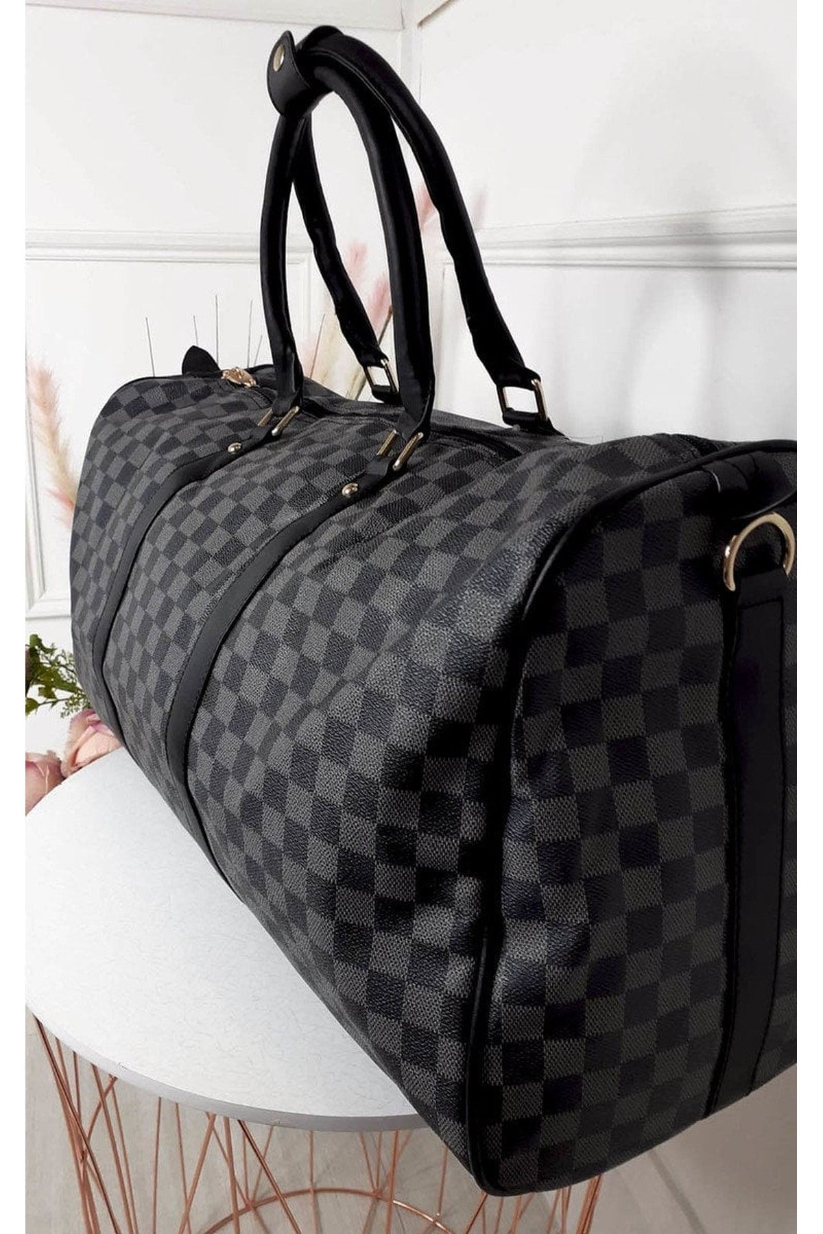 Indigo Checked Print Overnight Bag - Black
