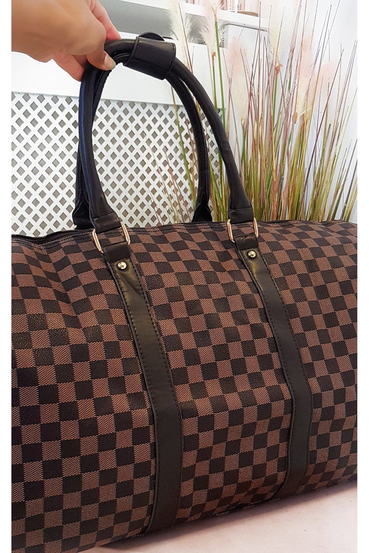 Indigo Checked Print Overnight Bag - Coffee