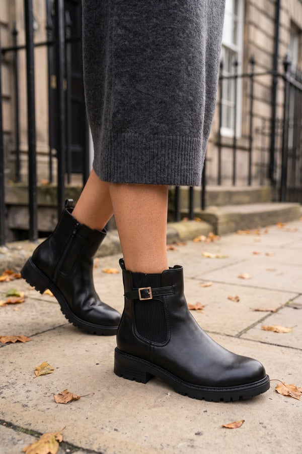 Ines Chunky Sole Buckle Chelsea Boots - Black