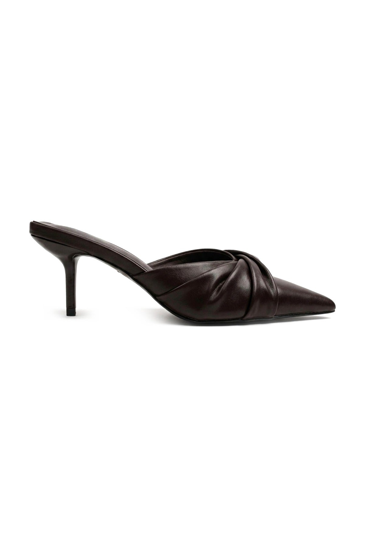 Ines Knotted Front Pointed Toe Kitten Heel Mules - Brown_wb