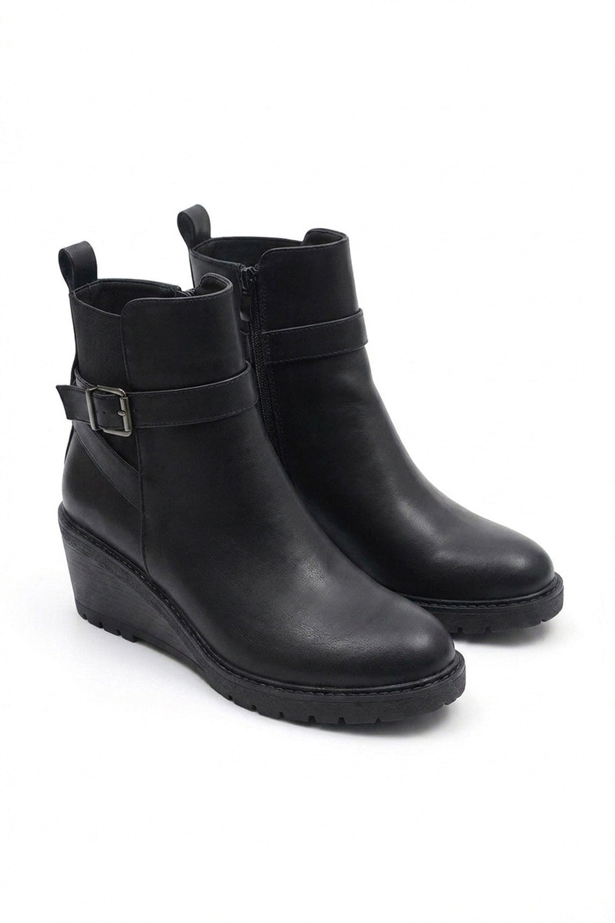 Isabel Side Zip Low Wedge Chelsea Ankle Boots - Black