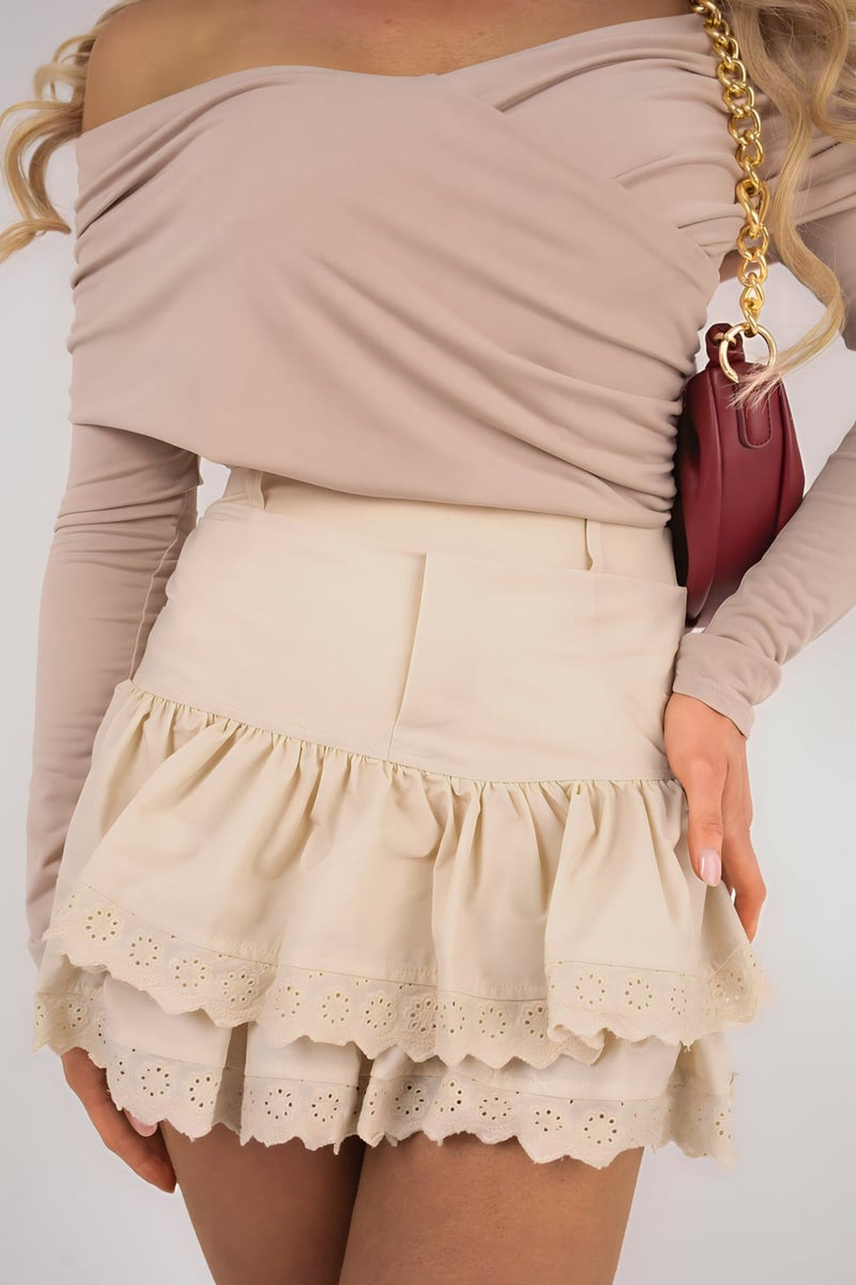 Isolde High Waist Tiered Mini Skirt - Beige