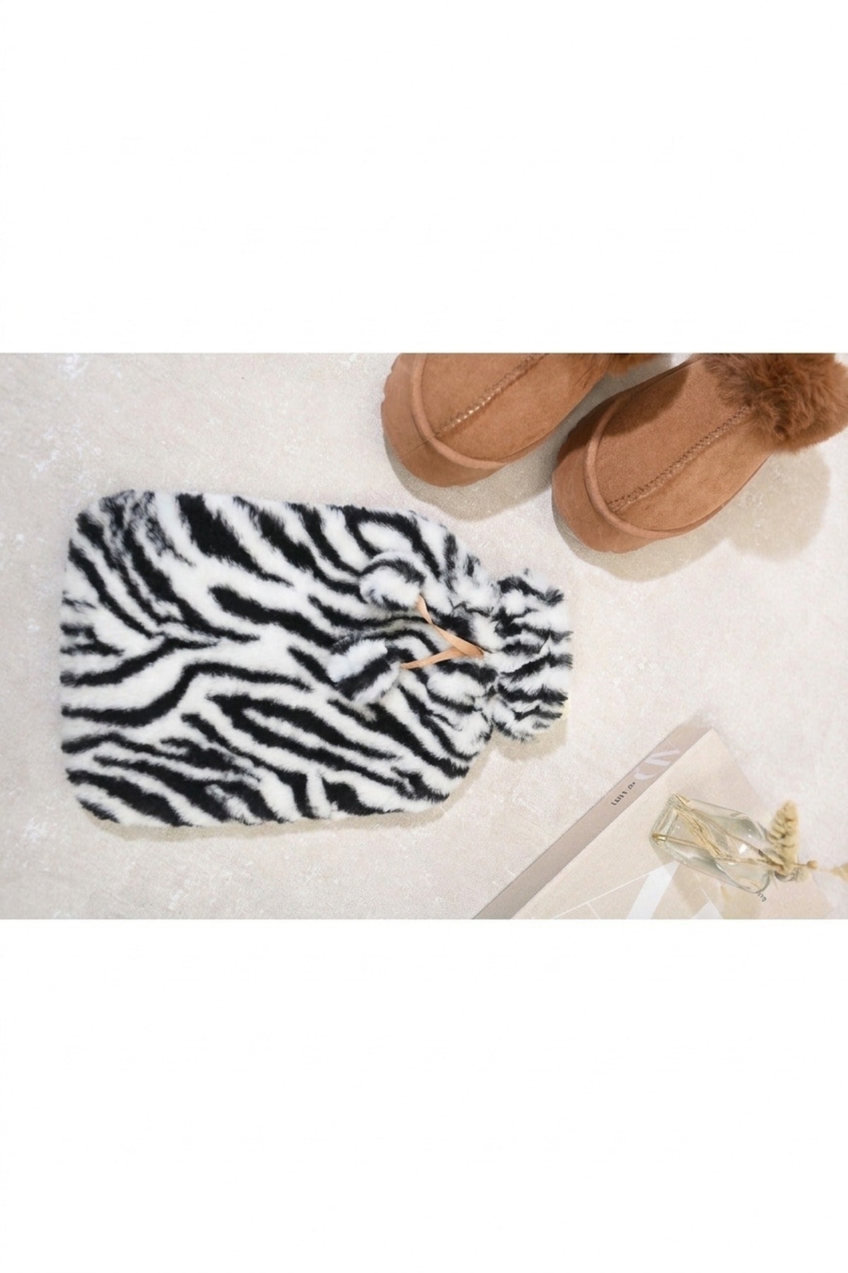 Ivy Faux Fur Hot Water Bottle - White/black