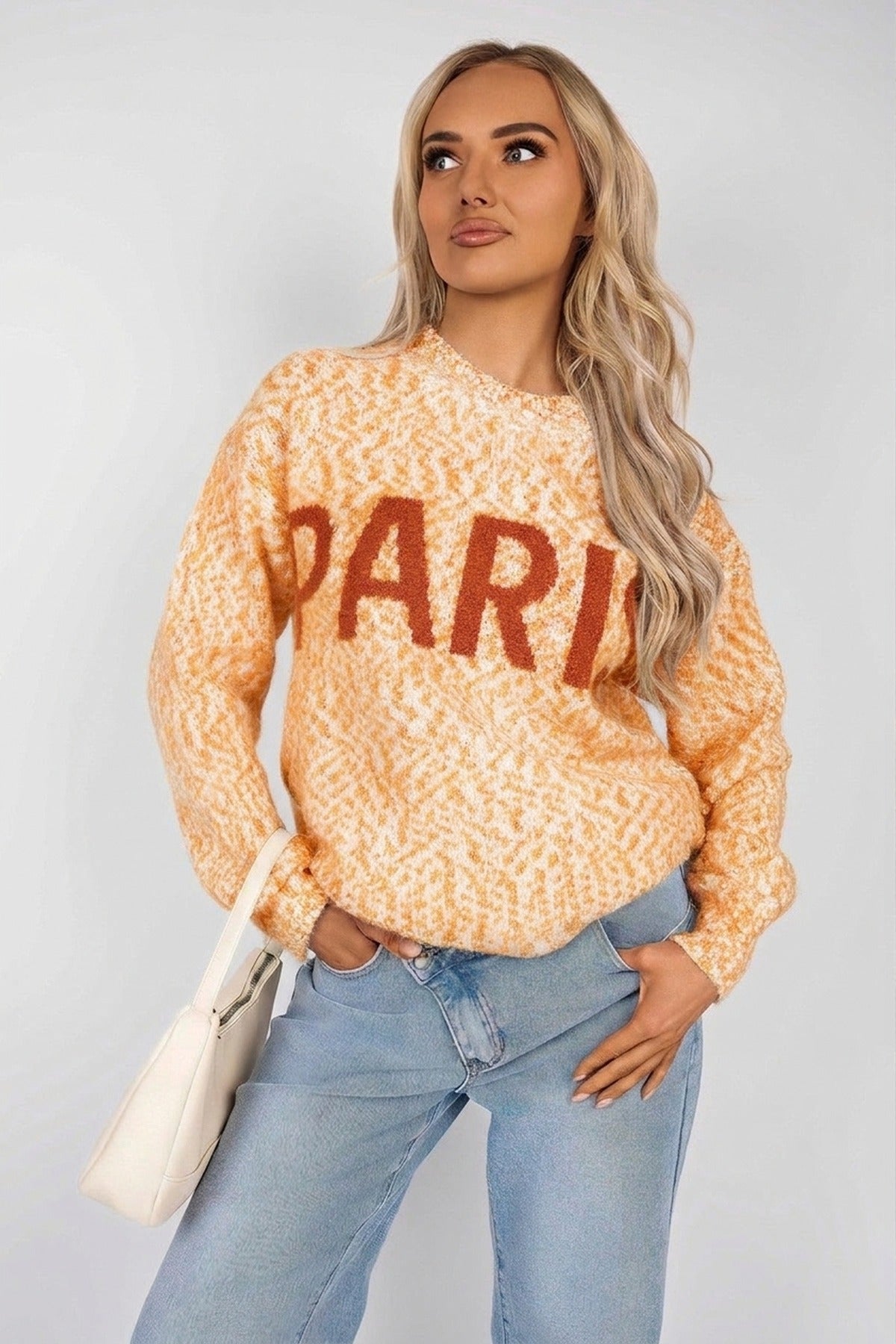 Jalina Long Sleeve Oversized Knitted Jumper With Paris Slogan - Orange