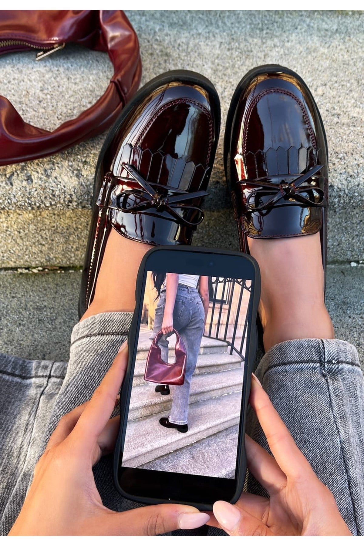 Janelle Bow Detail Flatform Slip On Loafer Shoes - Wine