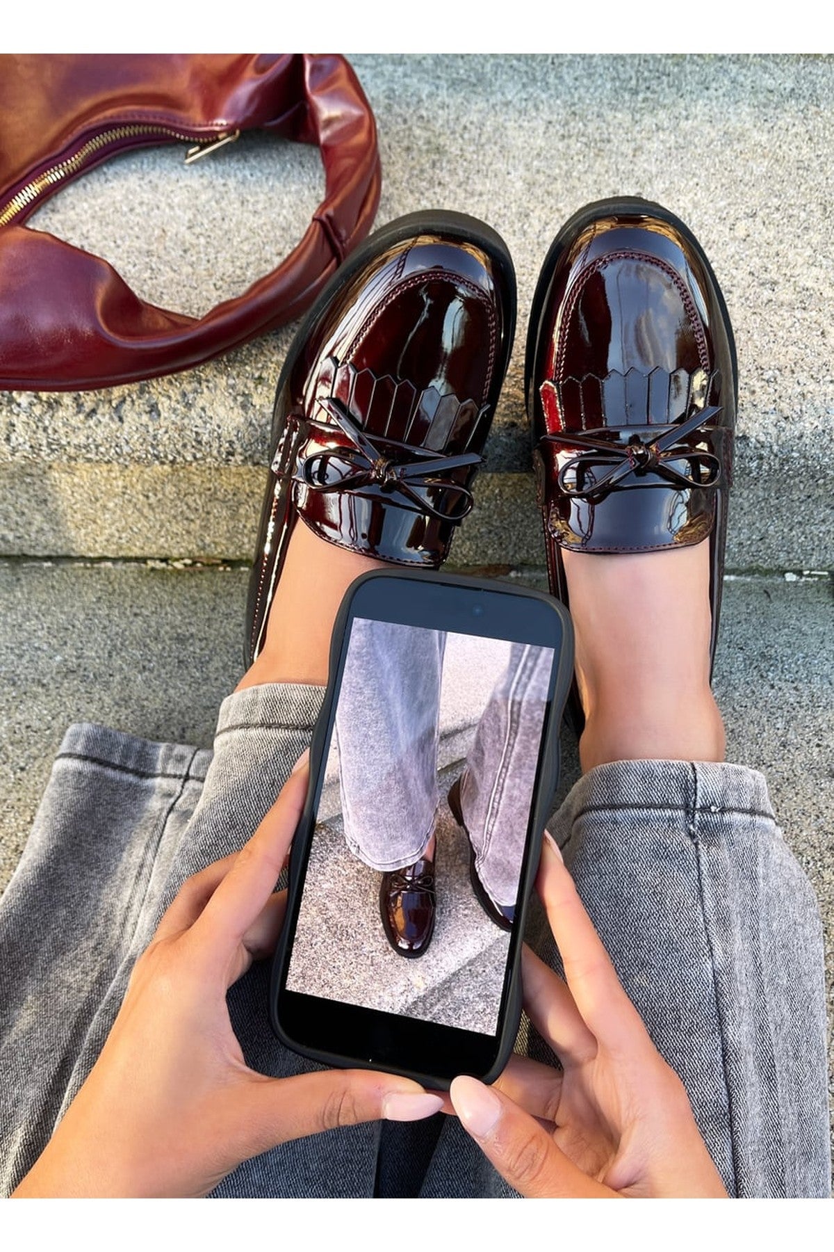 Janelle Bow Detail Flatform Slip On Loafer Shoes - Wine