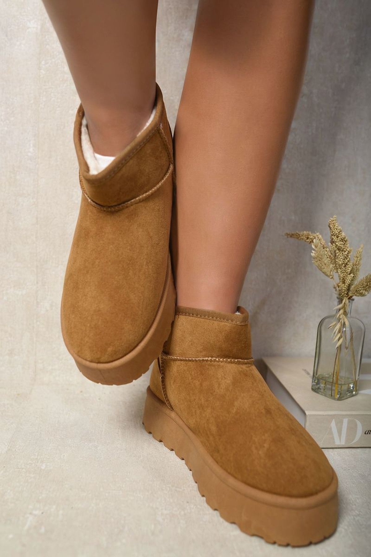 Jazlyn Faux Fur Lined Ankle Platform Mini Boots - Chestnut