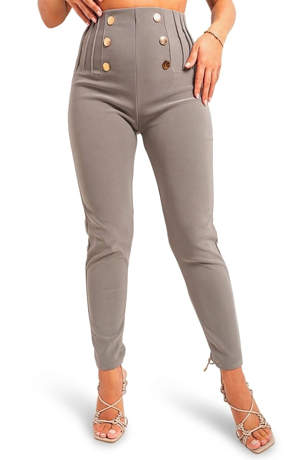 Jemma High Waisted Button Front Detail Trouser - Grey_wb
