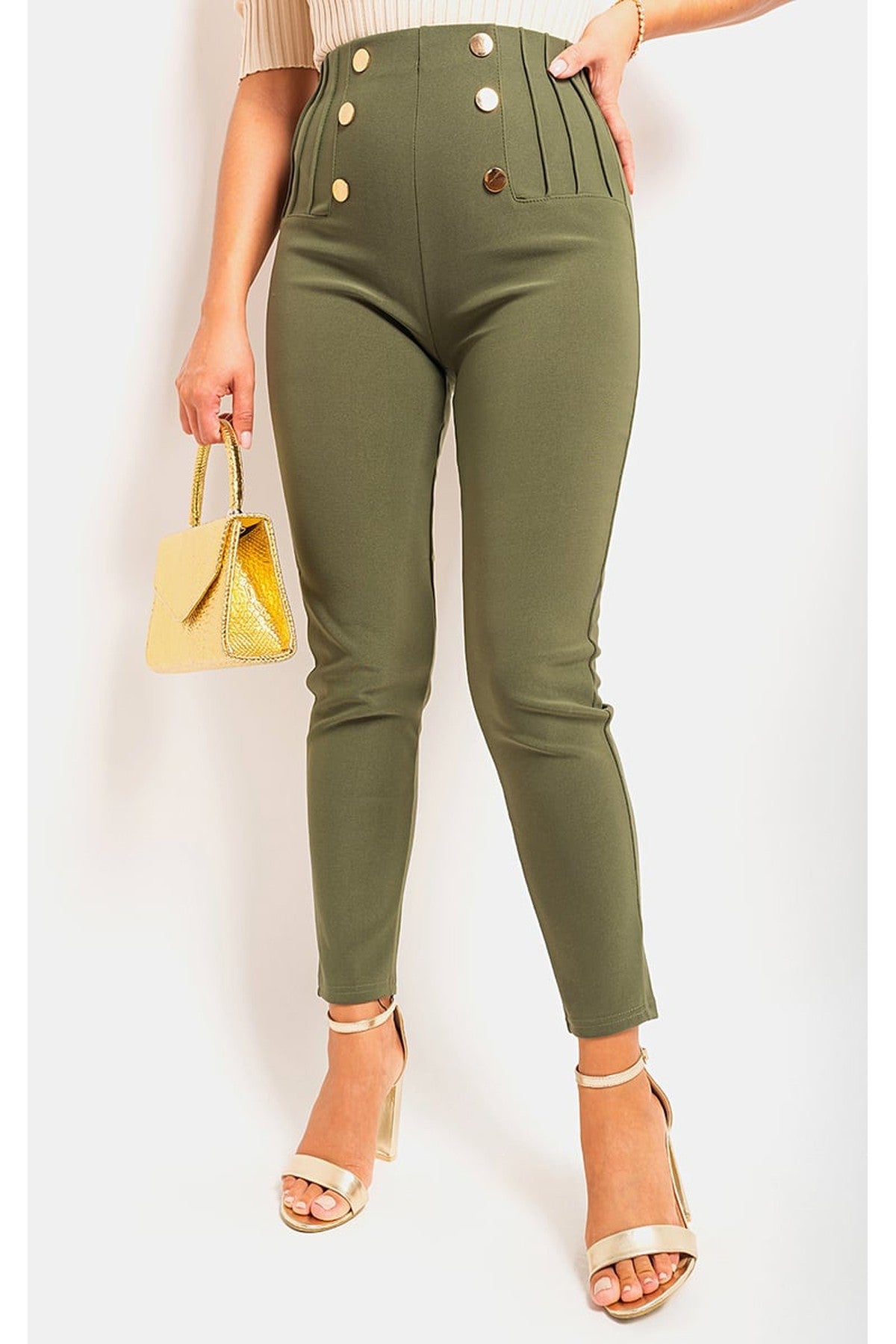 Jemma High Waisted Button Front Detail Trouser - Khaki