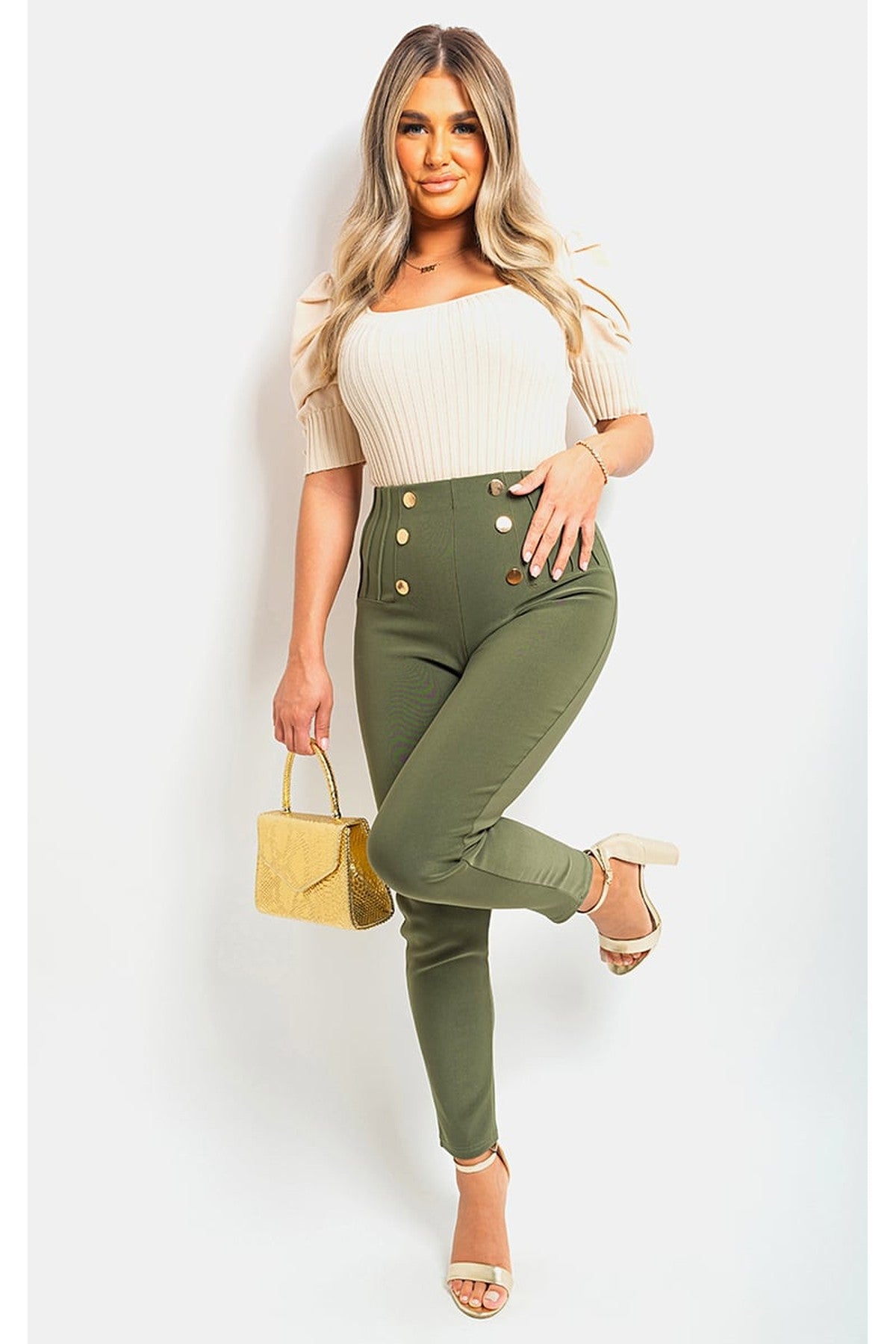 Jemma High Waisted Button Front Detail Trouser - Khaki