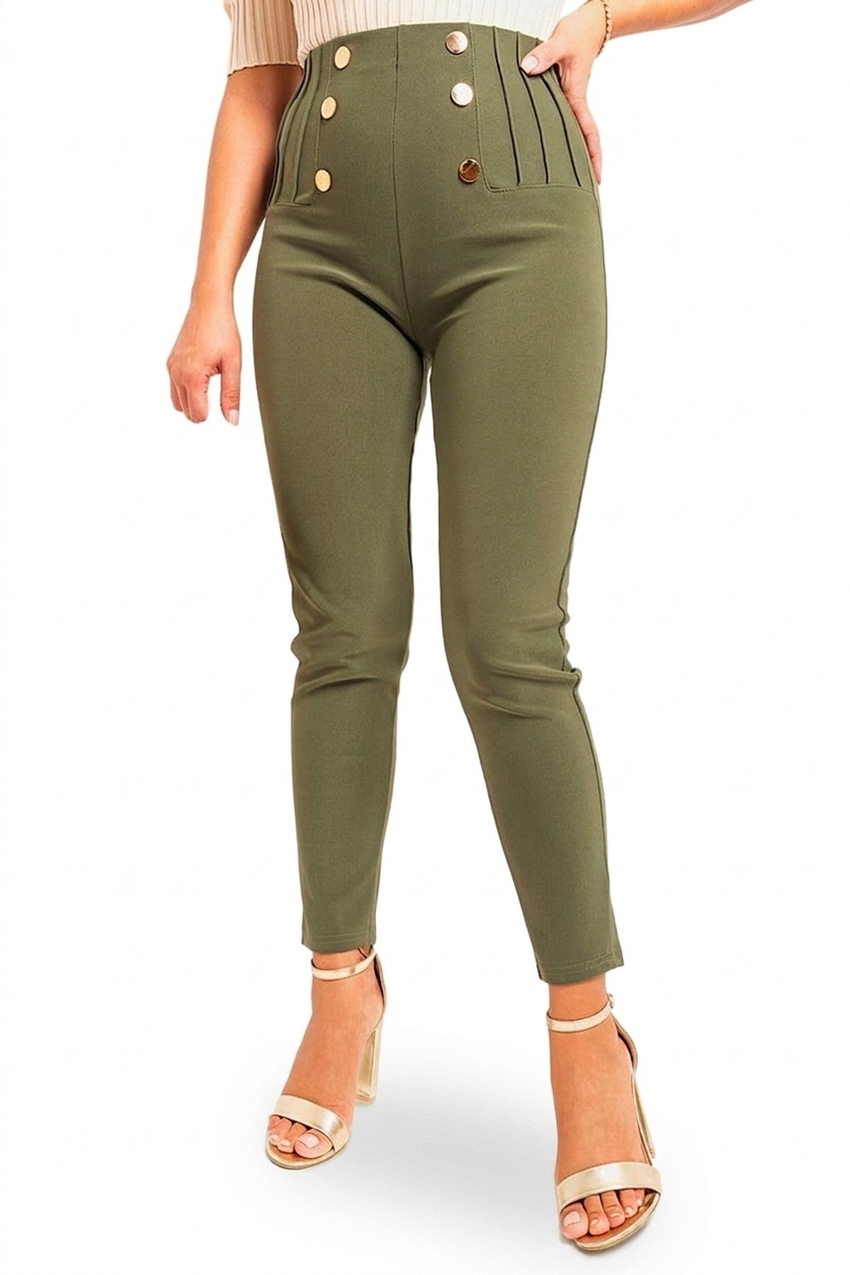 Jemma High Waisted Button Front Detail Trouser - Khaki_wb
