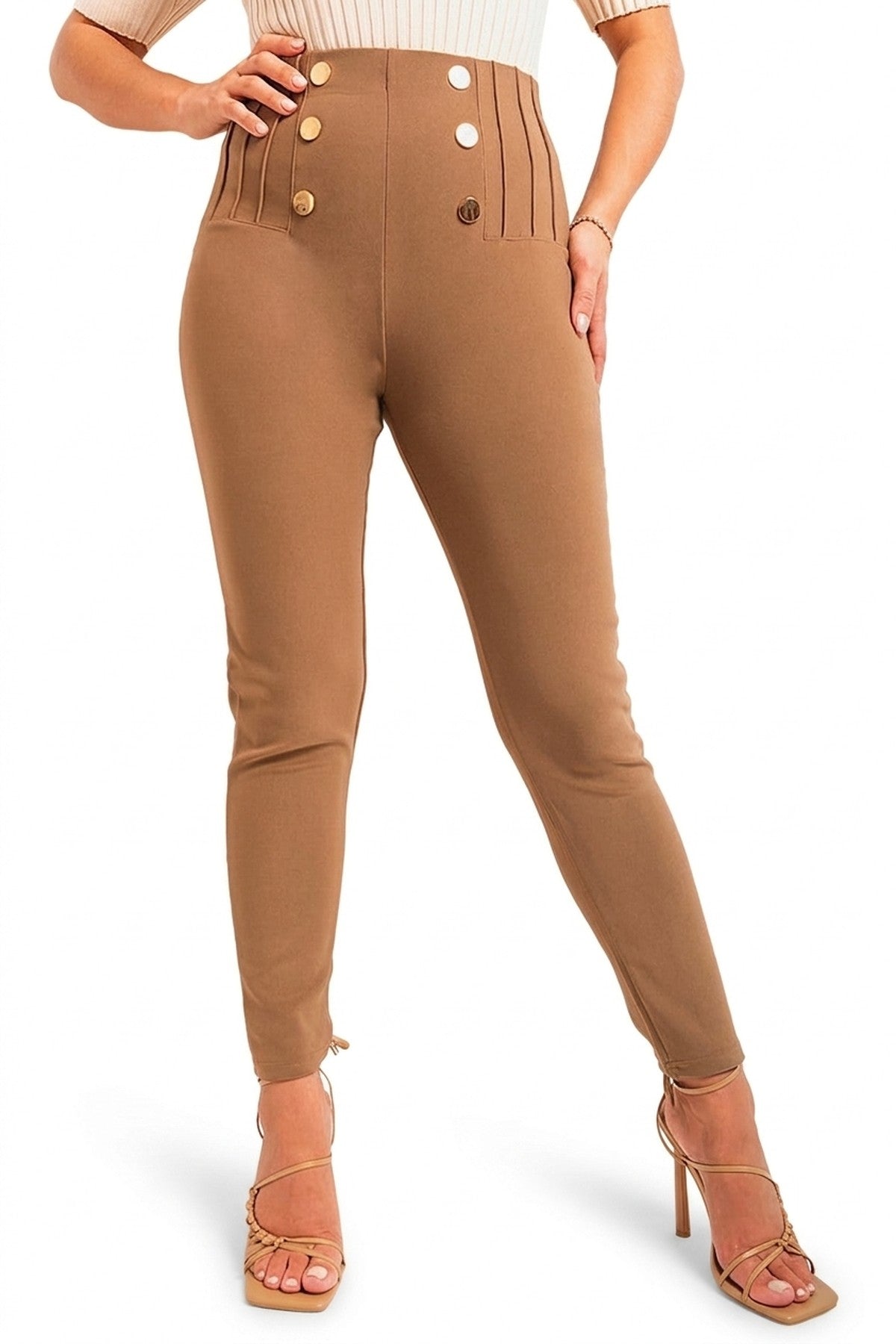 Jemma High Waisted Button Front Detail Trouser - MOCHA_wb
