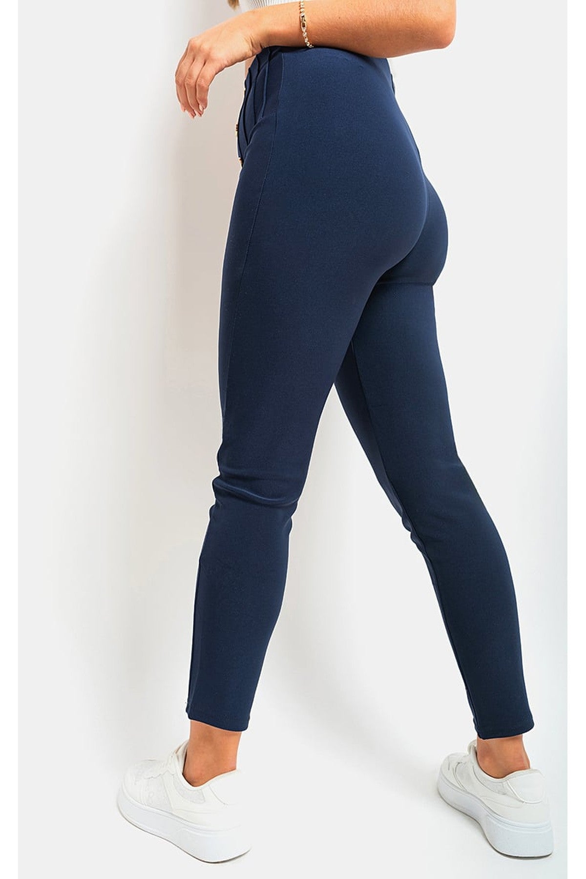 Jemma High Waisted Button Front Detail Trouser - Navy