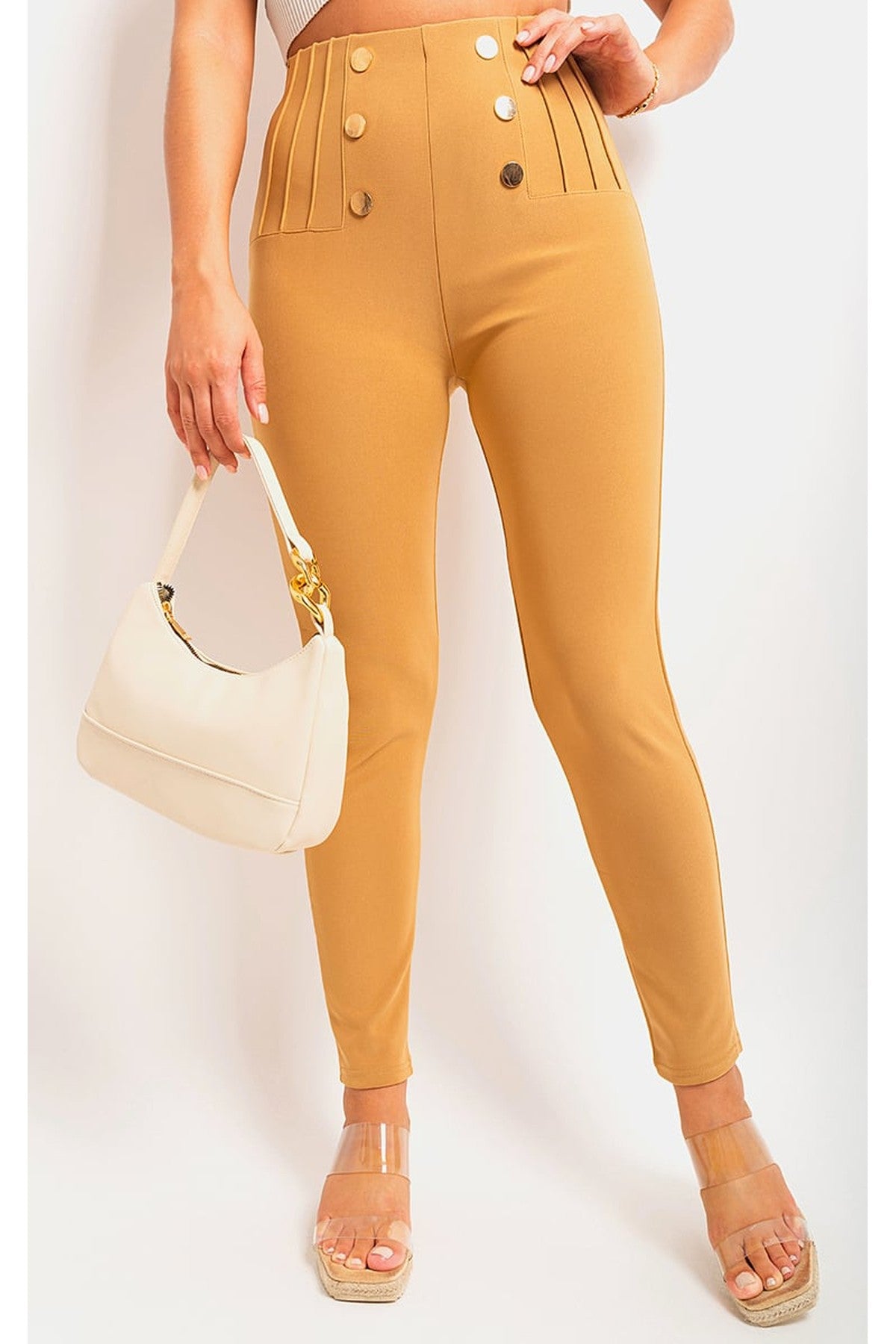 Jemma High Waisted Button Front Detail Trouser - Stone