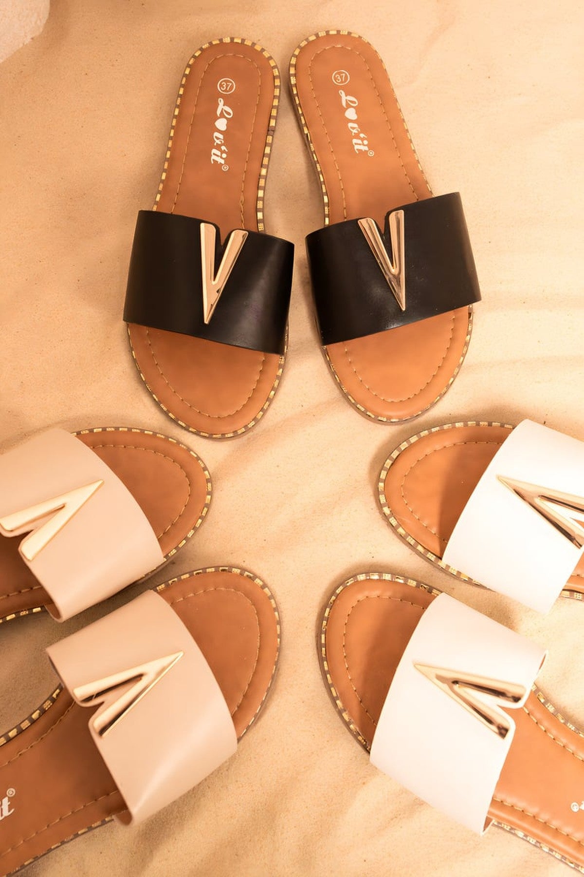 Jemma V-detail Slip-on Flat Sandals - Black