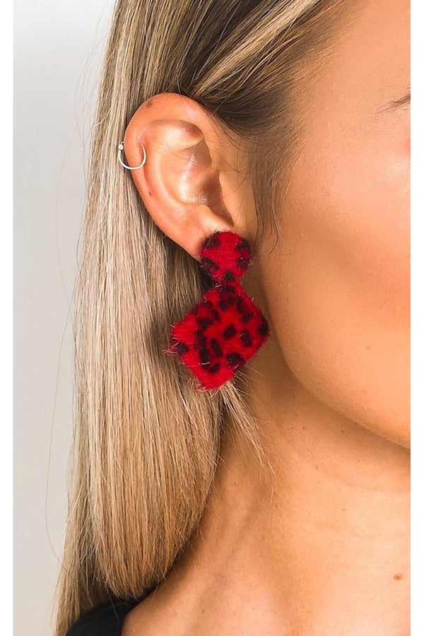 Jen Leopard Print Fuzzy Earrings - Red
