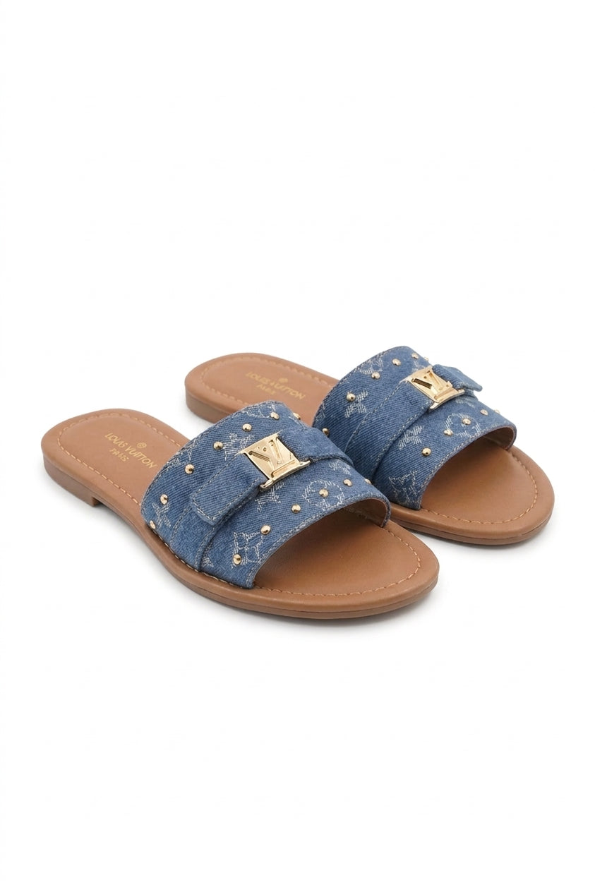 Jenny Open Toe Printed Flat Sandals - Blue