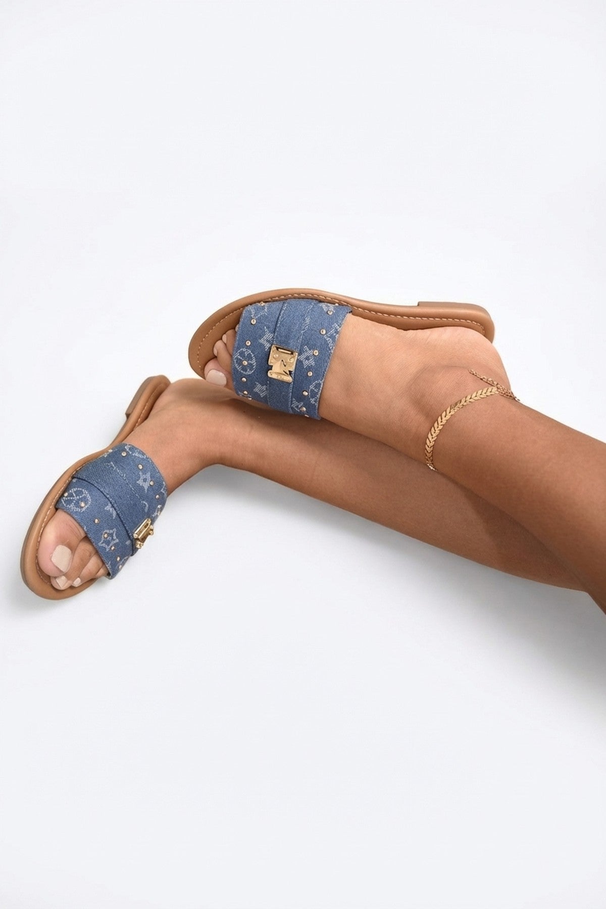 Jenny Open Toe Printed Flat Sandals - Blue