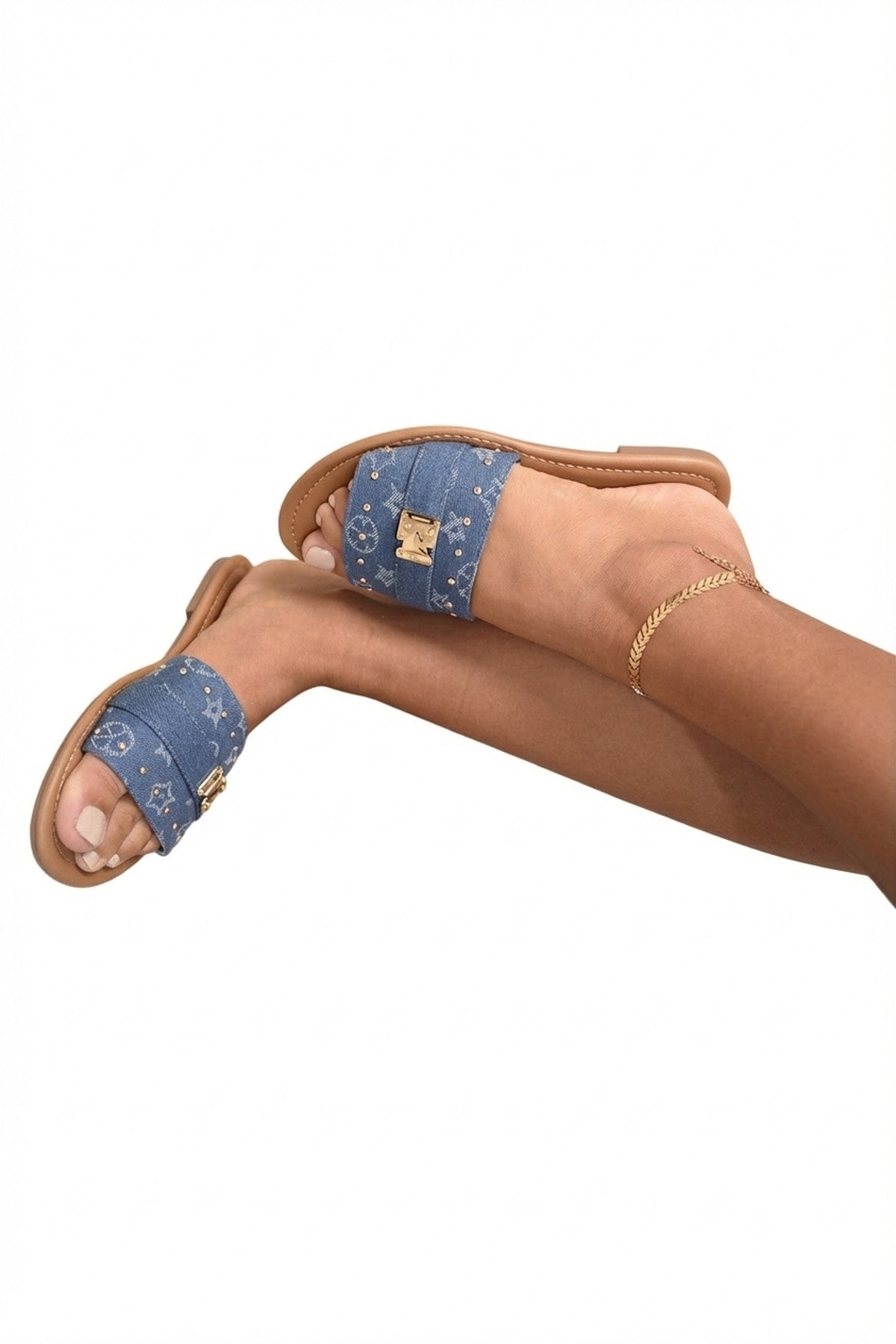 Jenny Open Toe Printed Flat Sandals - Blue