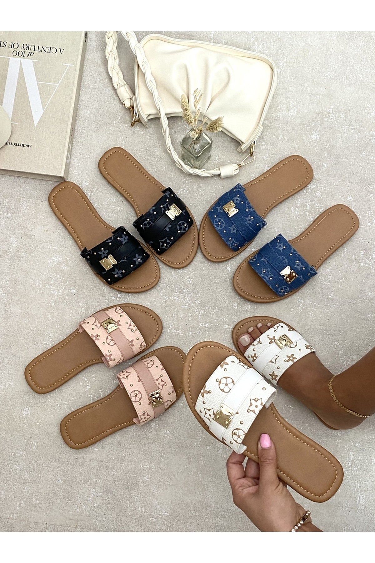 Jenny Open Toe Printed Flat Sandals - White
