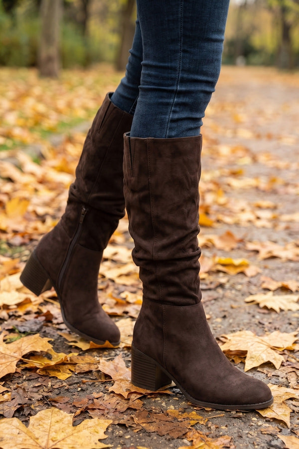 Jessa Faux Suede Slouchy Knee Boots - Brown Suede