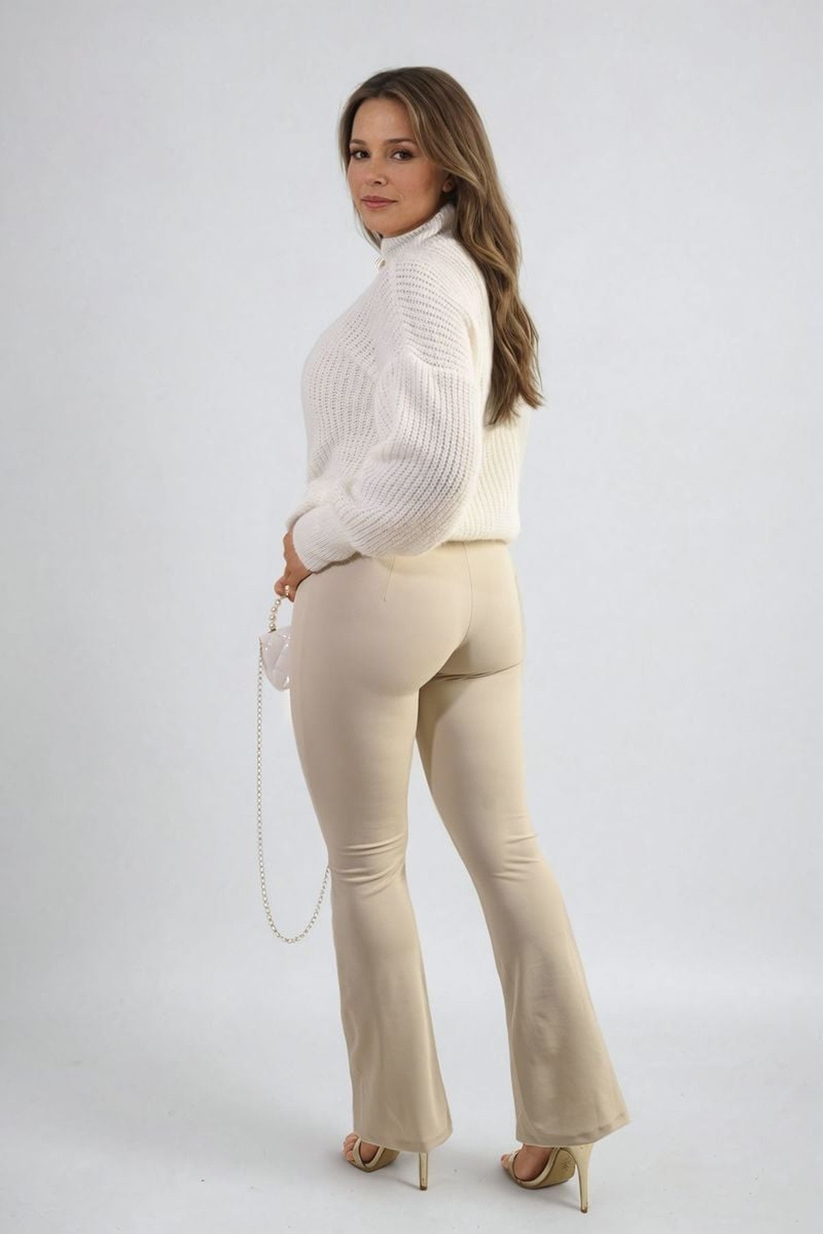 Jessica High Waisted Flare Leg Trouser - Beige