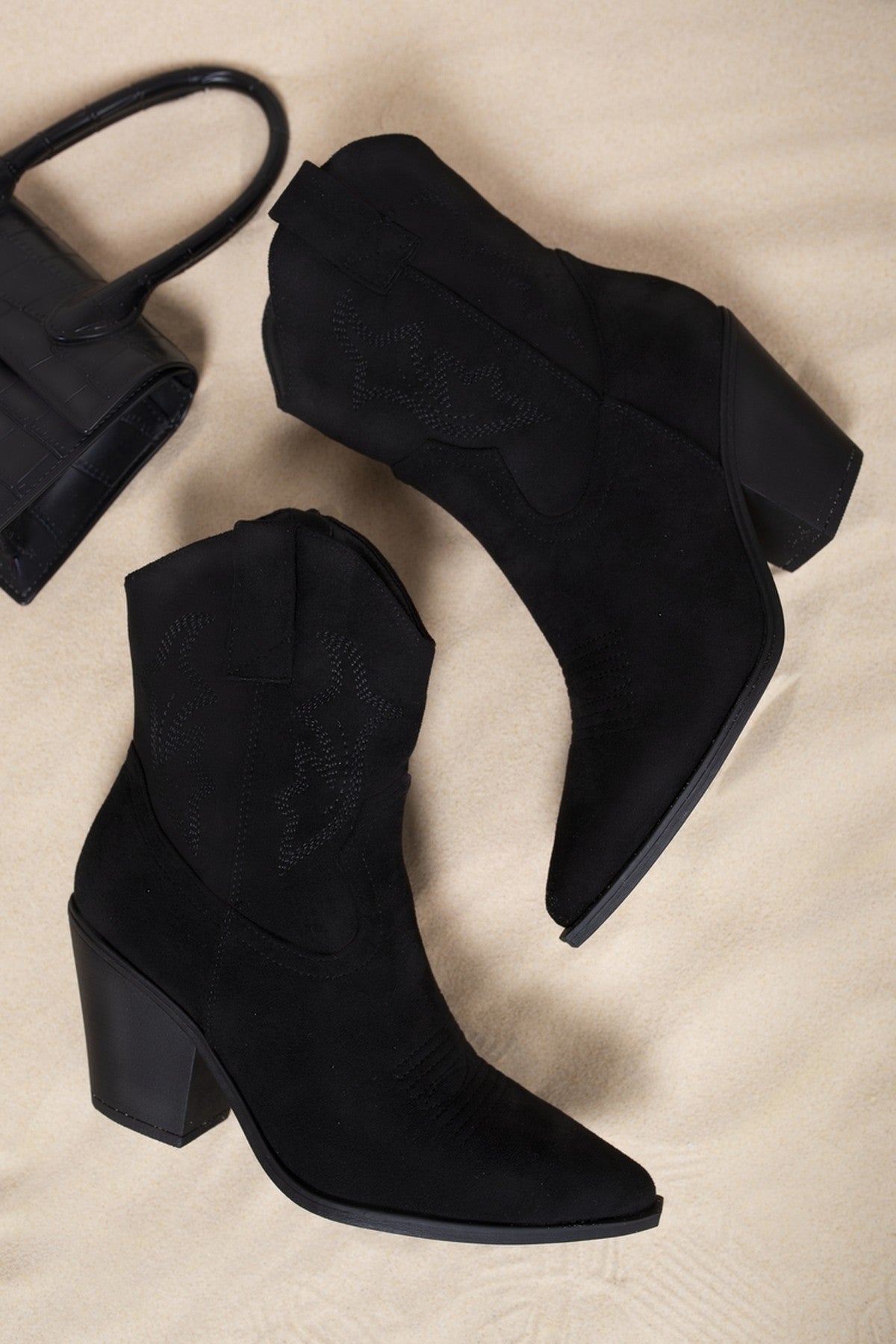 Laura Suede Cowboy Ankle Length Boots - Jet Black